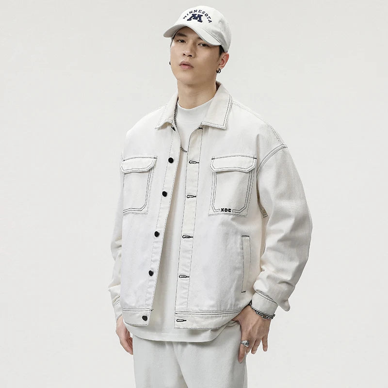Threebooy  Men's Fashion Baggy Denim Jacket Streetwear Large Pocket Contrast Design Oversized Black White Washed Denim Coats Autumn 4XL 5XL