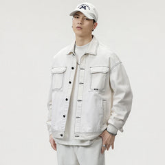Threebooy  Men's Fashion Baggy Denim Jacket Streetwear Large Pocket Contrast Design Oversized Black White Washed Denim Coats Autumn 4XL 5XL