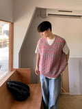 Threebooy Man Clothes Waistcoat Vest Knitted Sweaters for Men Sleeveless V Neck Pink Japanese Harajuku Fashion Korean Autumn Wool Fun