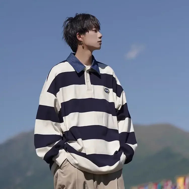 Threebooy Japanese Striped Lapel Sweatshirt For Men Casual Loose Fit Vintage Fashion Long Sleeve Polo Shirt Top Spring Autumn Trendy