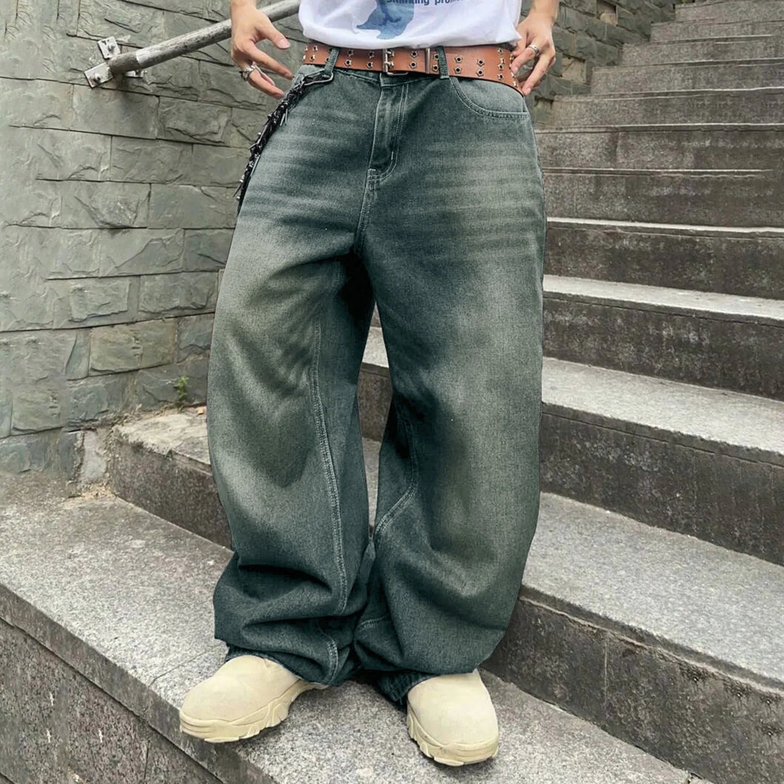 Threebooy Men Baggy Denim Pants Wide Leg High Waist Belt Casual Trousers Loose Plus Size Stylish Streetwear Men's Hip Hop Streetwear
