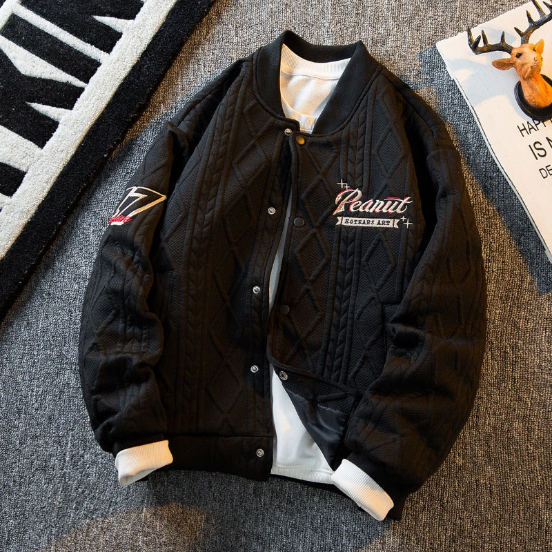 Threebooy Men's Pilot Jacket Retro Vibe Buttons Baseball Jackets Male Spring Autumn Single-breasted Stand Collar Long Sleeves Letter Tops