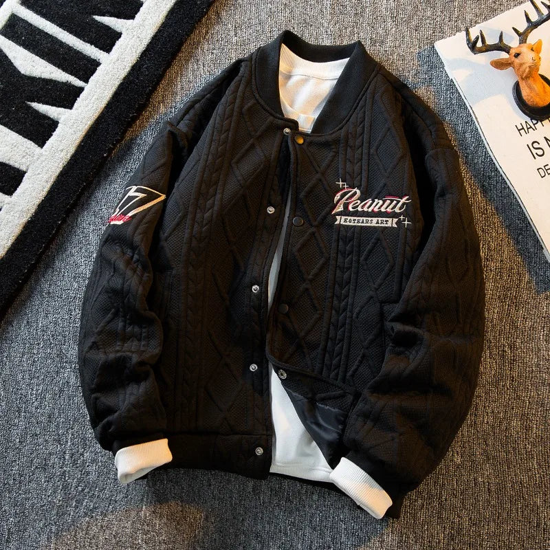 Threebooy Men's Pilot Jacket Retro Vibe Buttons Baseball Jackets Male Spring Autumn Single-breasted Stand Collar Long Sleeves Letter Tops