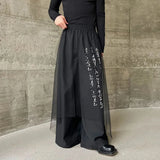 Threebooy Men Chinese Cursive Calligraphy Mesh Yarn Double Layer Wide Leg Pants Genderless Fashion Youth Retro Elegant Niche Skirts Unisex