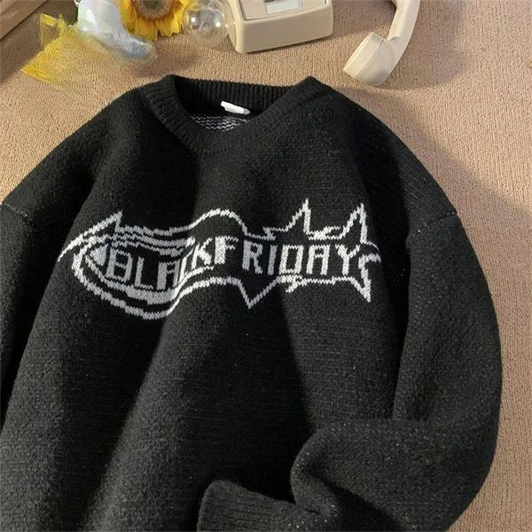 Threebooy Retro Embroidery Sweater Men Women Autumn Winter Thick American Vintage Letter Pullover High Street Loose Knit Sweater Jacket