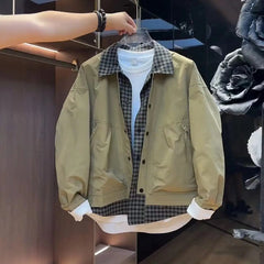 Threebooy  Vintage Fake Two-piece Plaid Jacket Men's 2025 Spring New Spliced Lapel Jacket Handsome Trendy Korean Style Elegant Work Coat
