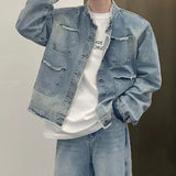 Threebooy Men's Casual Washed Denim Jacket Streetwear Ripped Stand Collar Texture Korean Harajuku Retro Long Sleeve Luxury Coat 2024 New