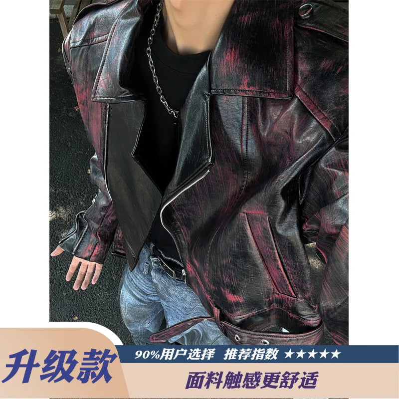 Threebooy American Retro Short Motorcycle Leather Jacket Men's High-end Fashion Spring Autumn Niche Design Trendy High-end Jacket Chic