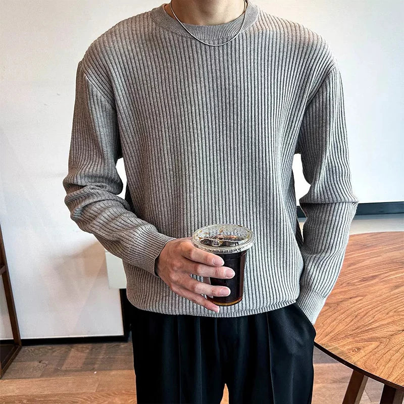 Threebooy  New Korean Retro Men Basic Sweater Luxury Knitted Solid Color O Neck Long Sleeve Pullover Casual Slim Premium Quality Knitwear