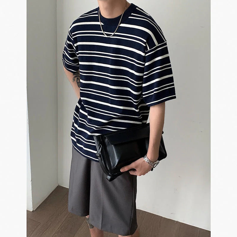 Threebooy Korean Style Men's Loose Pullover Round Neck Knit T-shirts Striped Printing Top Clothes Tshirts Apricot/navy Color T Shirts