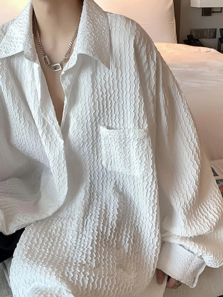 Threebooy Long-sleeved Shirt Men's Summer Trend White Button Up Blouse Men Hong Kong Style Handsome Jacket Wave Texture Niche Top