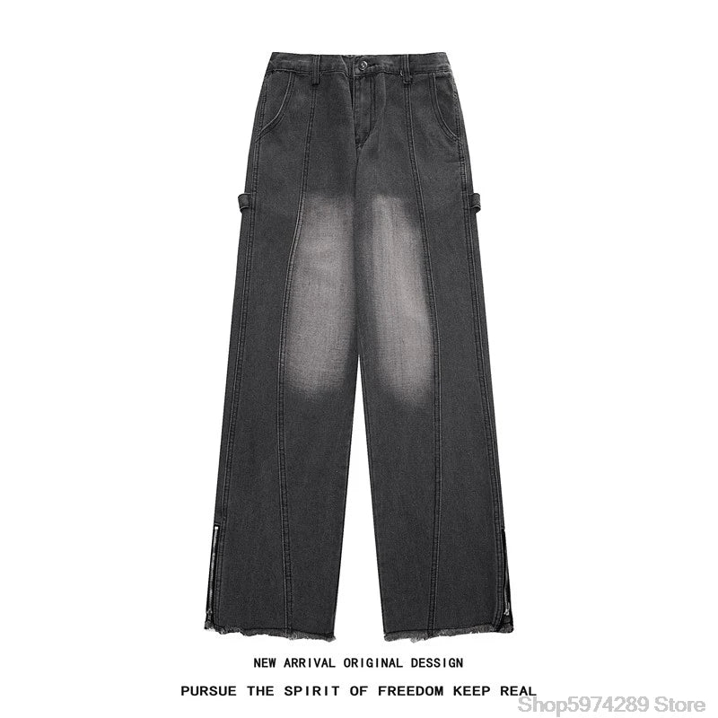 Threebooy Autumn Side Zipper Jean Pants New Fashion  men streetwear Jeans Loose Straight Denim Pant Mens Vintage All-match Trousers