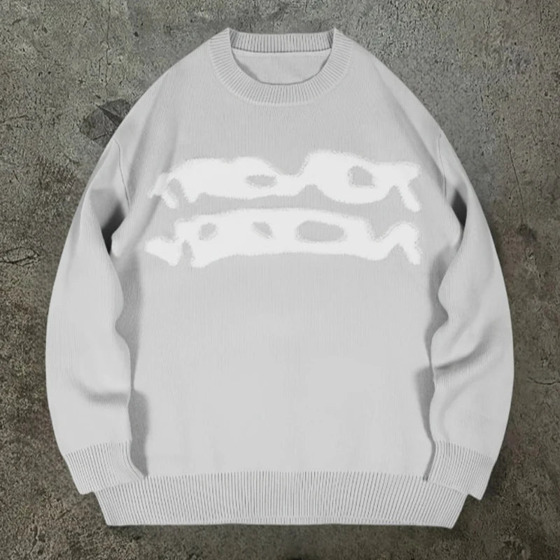Threebooy  New American Trendy Men Sweater High Street Graffiti Printed Knit O Neck Long Sleeve Pullover Casual Loose High Street Knitwear