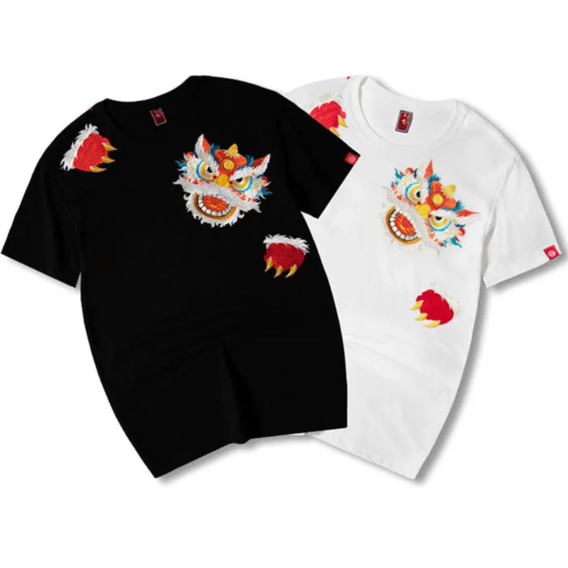 Threebooy Spring And Summer New Short-sleeved T-shirt Men's Round Neck Half-sleeved Lion Embroidery Loose Cotton Couple