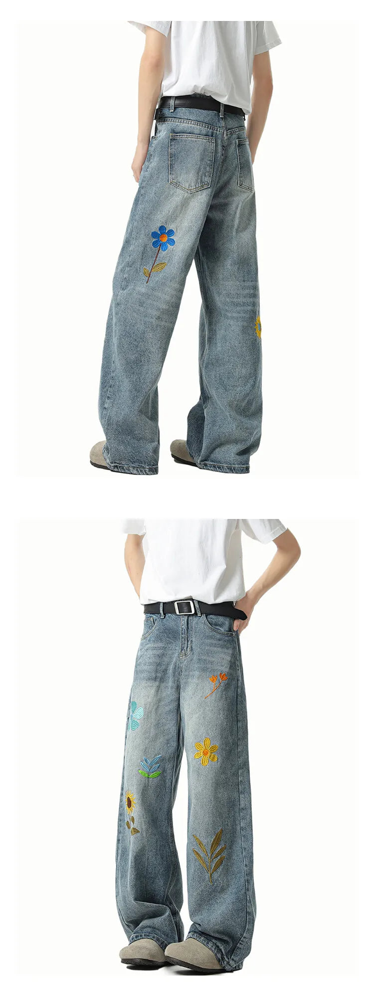 Threebooy Jeans Men Washed Embroidered Jeans Loose Fit Straight Wide Leg Casual Denim Pants Fashion Trendy Streetwear Trousers Comfort