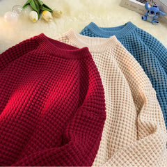 Threebooy Korean Solid Color Baggy Sweater Men's Knitting Pullovers Crew Neck Pullover Women Harajuku Knitwear Christmas Red Knitted