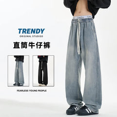 Threebooy New Men's Jeans Washed Jeans Pants Unisex Drawstring Denim Pants Male Streetwear Korean Straight cylinder loose Cowboy Trousers