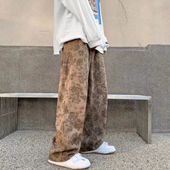Threebooy Mens Corduroy Pants Loose Casual Wide Leg Sweatpants for Women Vintage Distressed Printed Straight  Trousers Fashion Streetwear