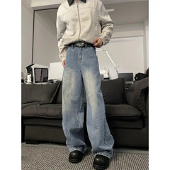 Threebooy  Jeans Men Loose Wide Leg Trousers Unisex low-rise jean Men's Denim Pants Old Blue Washed Male Jeans Straight Patchwork mop pants