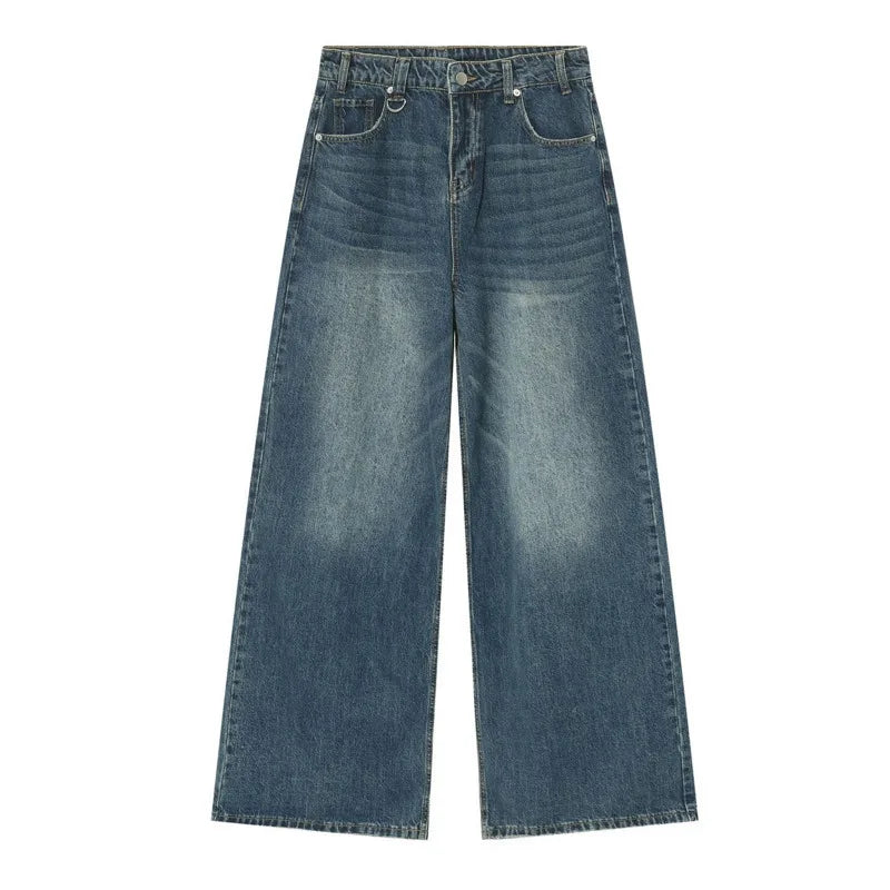 Threebooy  Autumn Men Denim Pants Straight Droop Vintage Loose Bottom Straight Wide Leg Casual Male Trousers Korean Style