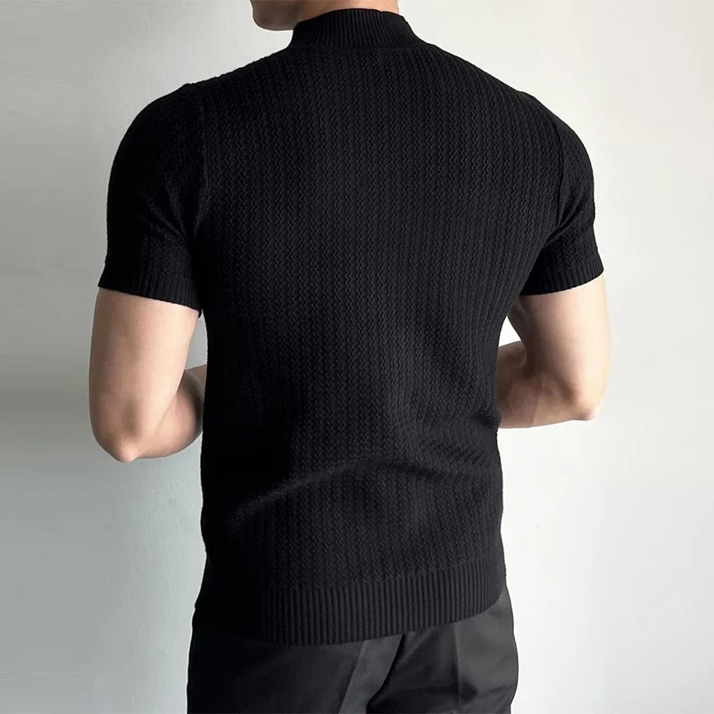 Threebooy  Men's Clothing Fashion Jacquarded Tops Luxury High Quality Knit O Neck Short-sleeved T-shirt Leisure Popular Retro Slim Knitwear