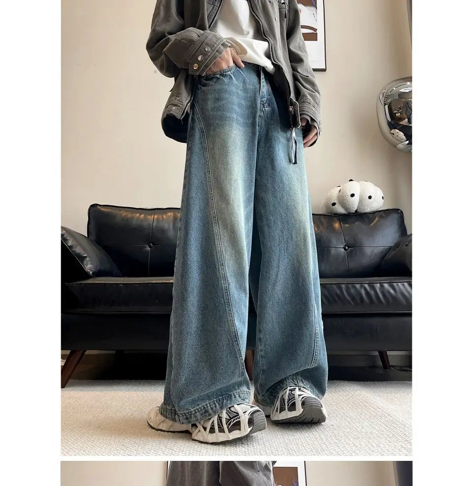 Threebooy American style personality trend men and women straight leg spring and autumn washed jeans couple loose retro casual pants y2k