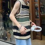 Threebooy Fashion Knitted Vest Y2k Streetwear Trend Hollow Sleeveless Top Men's Striped Contrast Color Loose Tank Tops Genderless Clothing