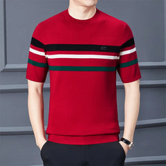 Threebooy Round Neck Men's Knitwear Spring 2024 Silk Velvet Half Sleeve Thick T-shirt Business Gentleman