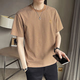 Threebooy Summer Men's Stripe Printing Short Sleeve T-shirt Youth Round Neck Tshirt White/black/Apricot Color Casual T Shirts M-2XL