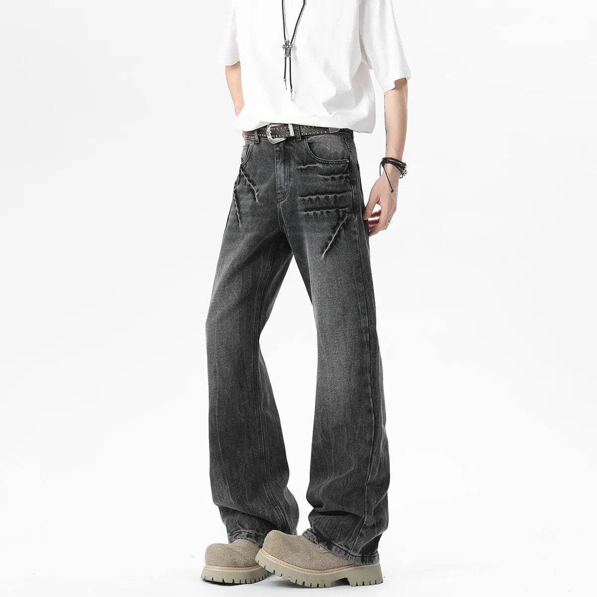 Threebooy  New Bootcut Jeans men Vintage Washed Distressed Wrinkle Crinkle Design Comfort Women Men Fashion Denim man Trousers