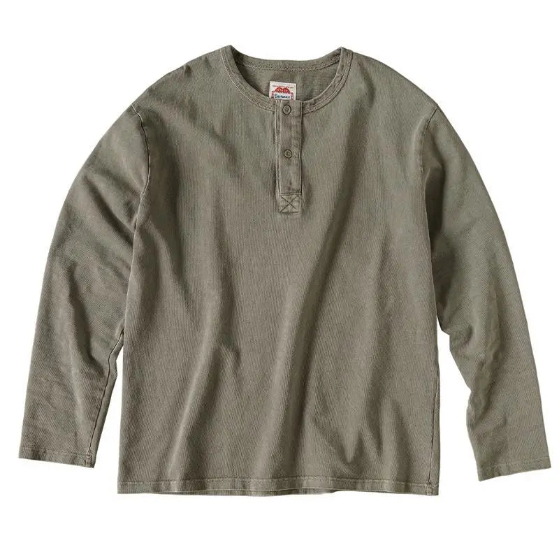 Threebooy American Retro Henry Shirt T-shirt Men's Autumn Large Size Vintage Half Button Blouse High-end Collar Long Sleeve Base Shirt
