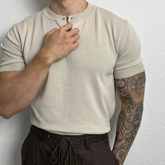 Threebooy  New Fashion Men Henry Collar T-Shirt Leisure Luxury Knit Short Sleeve Tops Korean Style Summer Stretchy Breathable Fitness Tees