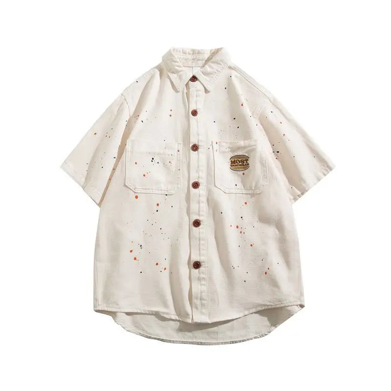 Threebooy American hip-hop men and women trendy splashed ink denim shirt for couples loose retro high-end wide casual top harajuku y2k