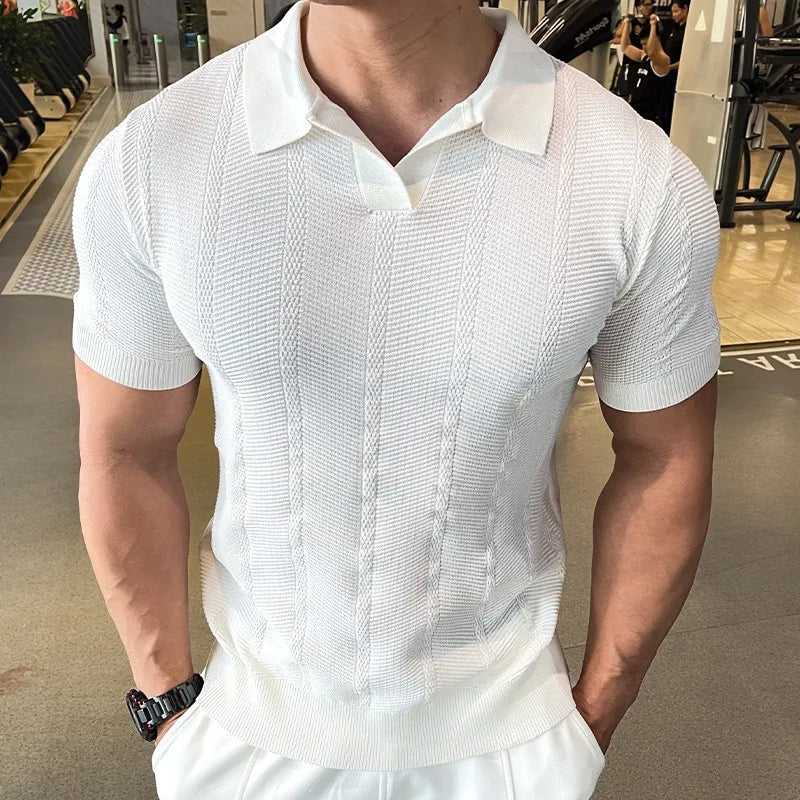 Threebooy New Men Fashion Knitted Polo Shirt Sport Style Tops Casual Slim-fit Patchwork Solid Color Short Sleeve Breathable Fitness Tees
