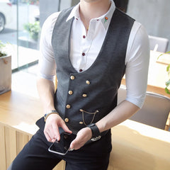 Threebooy British Style Men's Spring Double-Breasted Suit Vest/Male Slim Fit Fashion Casual Dress Suit Vest Plus size S-5XL