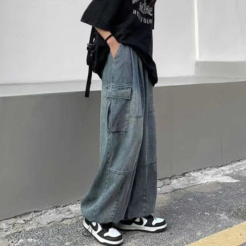 Threebooy Vintage Trousers Y2K Baggy Jeans for Men Wide Leg Pants Pockets Elastic Waist Streetwear Fashion Casual Loose Comfortable Pants