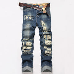 Threebooy New Fashions Loose Men's Ripped Jeans Dark Blue Soft Pants Streetwear Loose Hip Hop Straight Hole Denim Trousers Male