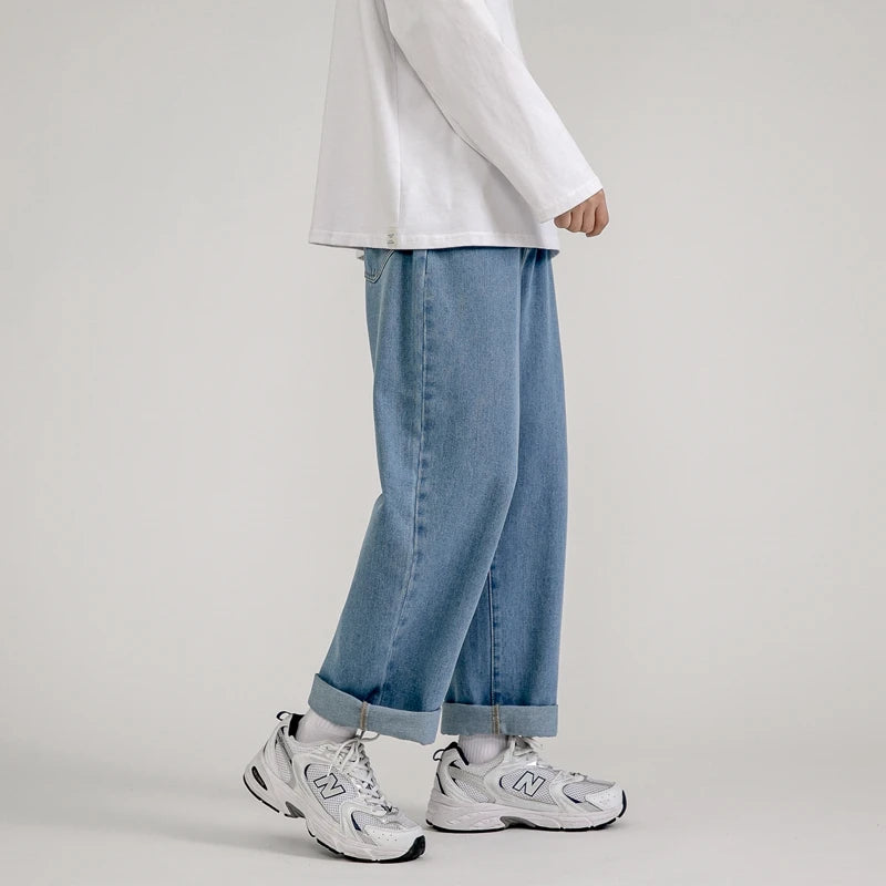 Threebooy  Korean Fashion Men's Baggy Jeans Classic All-match Solid Color Straight-leg Denim Wide-leg Pants Male Light Blue Grey Black