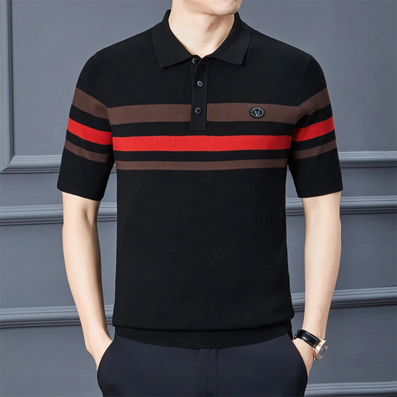 Threebooy Fashion City Spring Men's POLO T-shirt Silk Velvet T-shirt Half Sleeve Padded Lapel Short Sleeve Short-Sleeved Polo Shirt