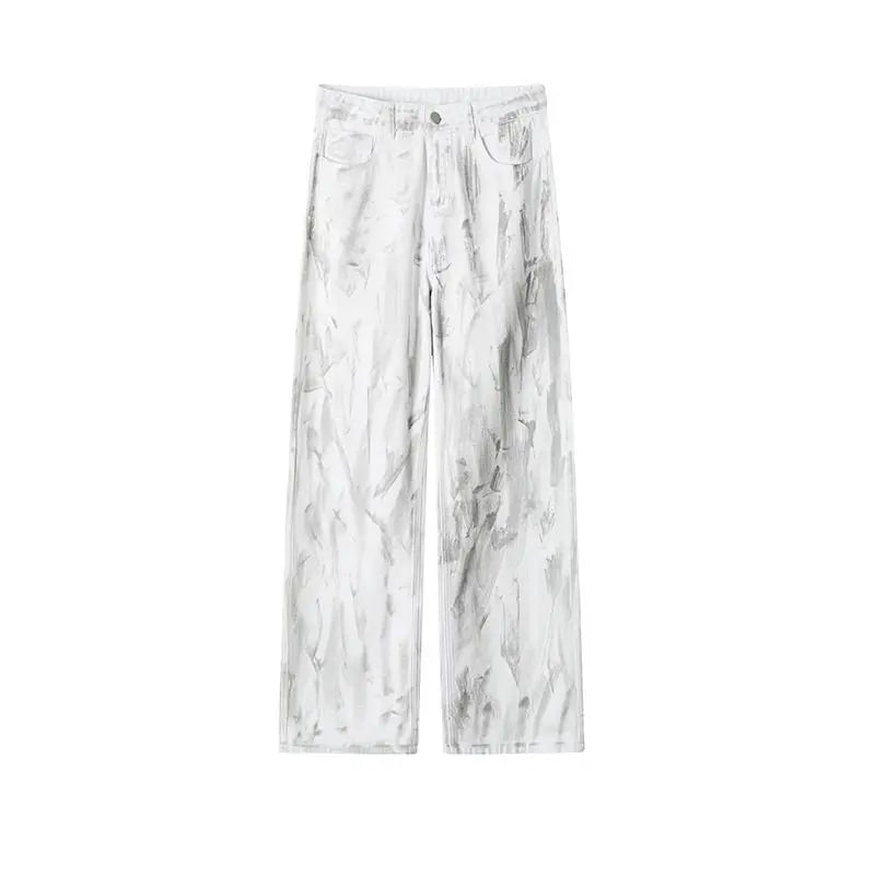 Threebooy Jeans Mens Classic Straight Leg Jeans White Tie Dye Denim Pants Unisex Fashion Casual Trousers Streetwear Hip Hop Style Washed