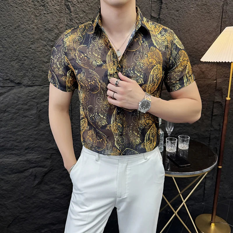 Threebooy  Sexy Mesh Jacquard Shirt for Men Summer Short Sleeved Thin Shirts Fashion Casual Nightclub Social Men's Shirt Breathable