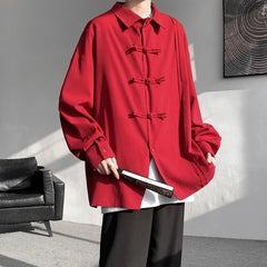Threebooy Men's Dial Buckle Solid Long Sleeve Shirt Chic Pleated Decor Spring New Loose Casual Traditional Chinese Style Clothing