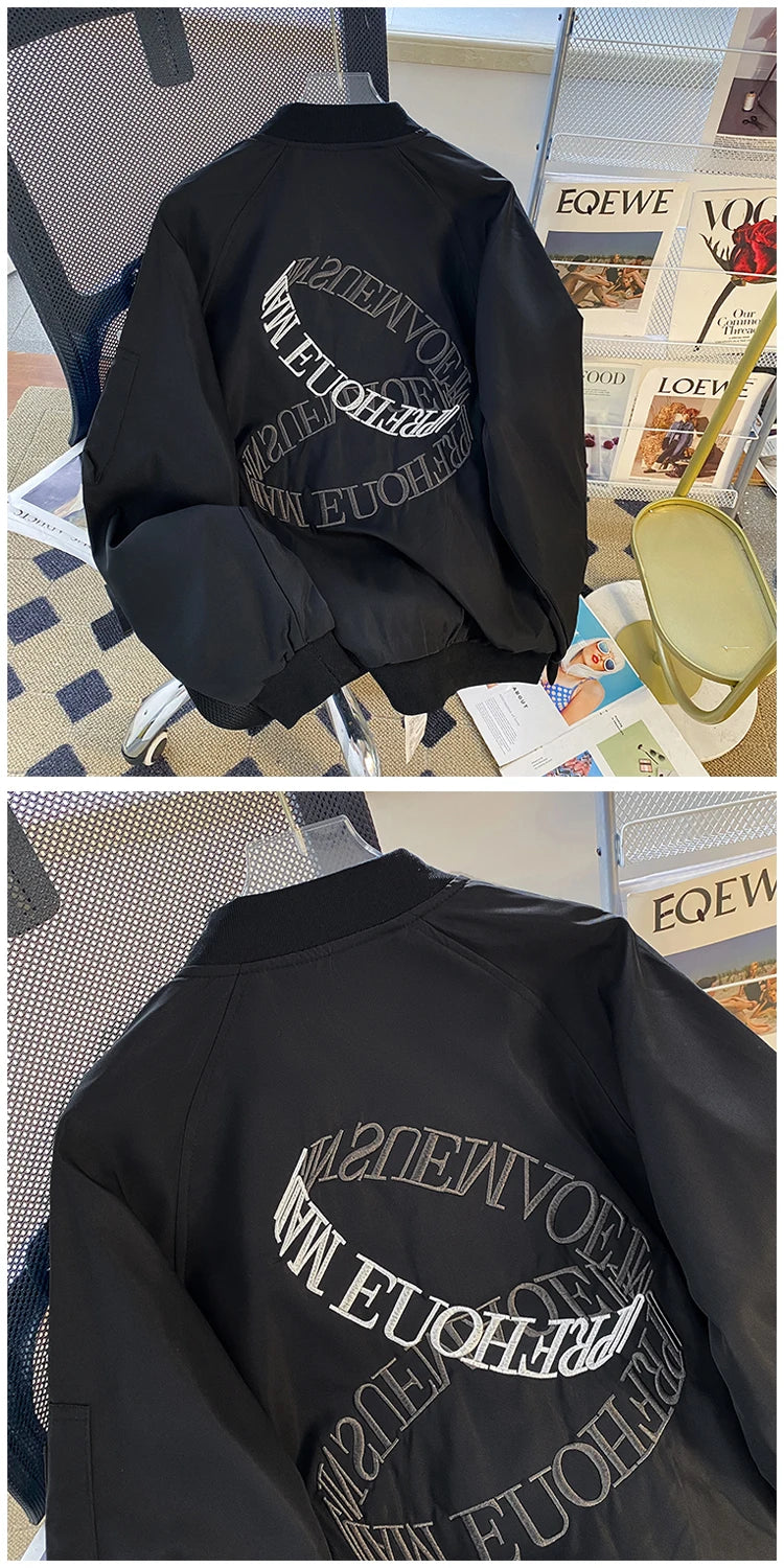 Threebooy American Casual Jacket Vintage Letter Embroidery Bomber Jacket Men's Spring Autumn High Street Vibe Casual Baseball Uniform Coat