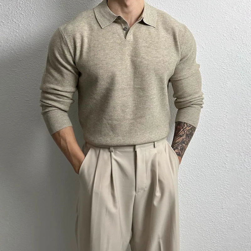 Threebooy  New Korean Fashion Men Polo Sweater Light Luxury Knitted Solid Color Long Sleeve Pullover Premium Quality Skin-friendly Knitwear
