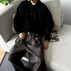 Threebooy  Winter Koran Fashion Polo Neck Button Sweaters Business Casual Striped Jacquard Knitted Pullovers High Street Y2K Knitwear