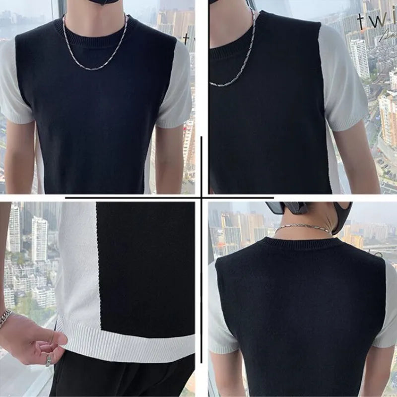 Threebooy Spring Autumn Men Cashmere Short Sleeve Sweaters Male Casual O-Neck Solid Color Chic Knitted Pullovers Tops 3XL-M