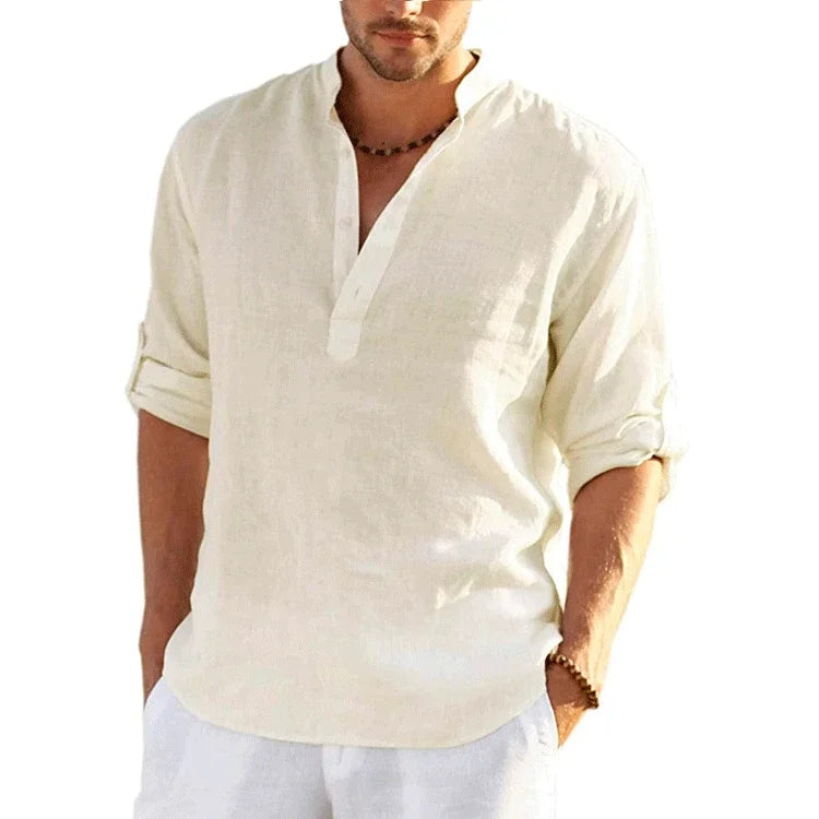 Threebooy  New Linen Shirt Men Brief Breathable Comfy Solid Color Long Sleeve Loose Harajuku Casual Blouse Hawaiian Shirts