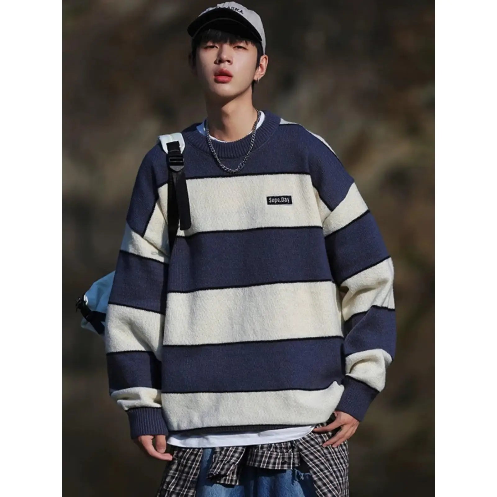 Threebooy  Hip Hop Korean Stripe Contrast Color Autumn and Winter New Fashion Sweater Men's Loose Relaxed Student Round Neck Lazy Style