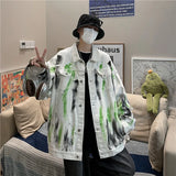 Threebooy High Street Tie Dyed Graffiti Denim Jacket Men's Autumn Trendy High Fashion Loose Casual Ruffian Handsome Coat