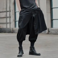 Threebooy Mens Double Layer Irregular Skirts Genderless Retro Sports Fitness Solid Color Streetwear Loose Wide Leg Cargo Pants Unisex